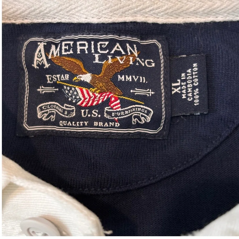 American Living Mens XL Rugby Shirt Cotton Navy Yellow Striped Eagle Flag NWT - Picture 5 of 9